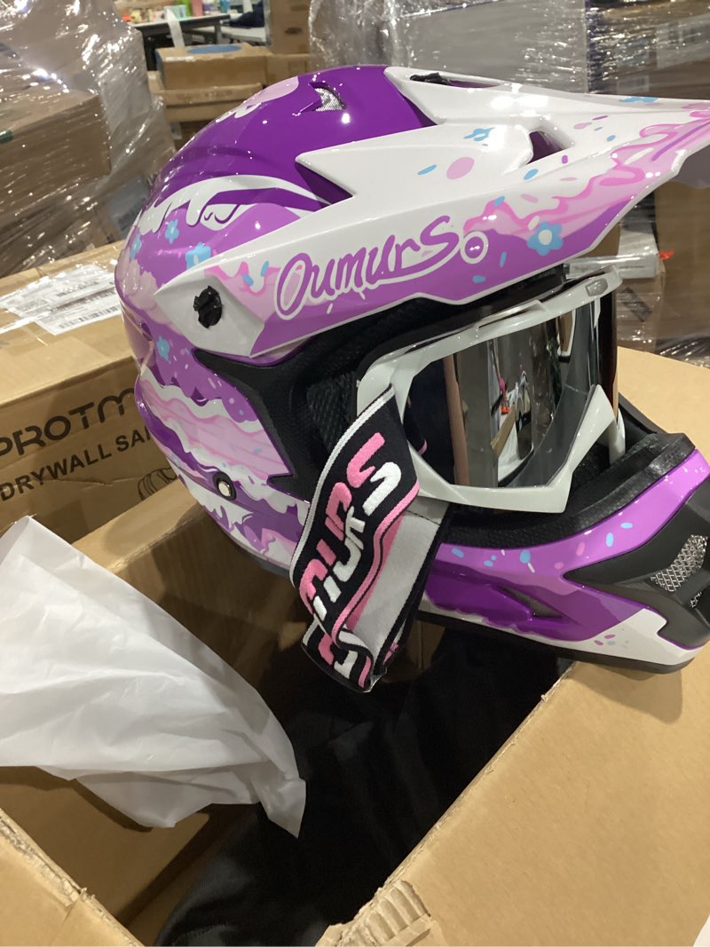 Condition photo showing New/Like New for oumurs dot adult atv dirt bike helmet with goggles gloves & mask adjustable sun visor motorcycle adults helmet off-road motocross downhill moped mx for unisex-adult-purple cake, l purple large