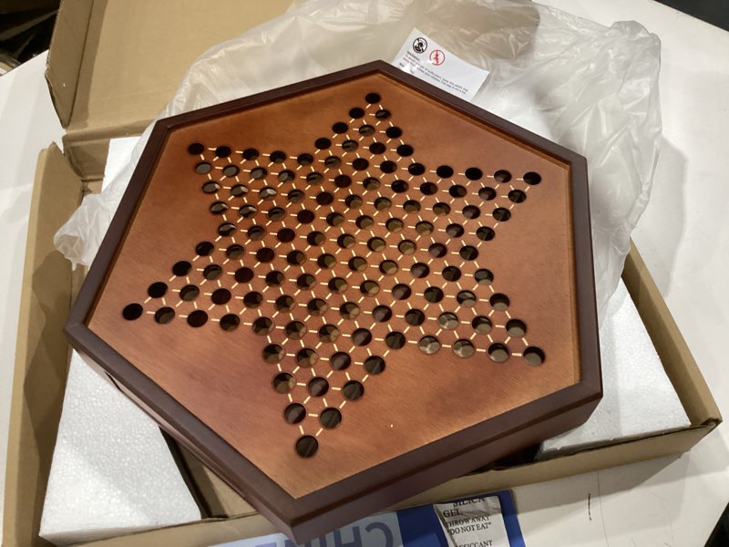 Condition photo showing As Is for chinese checkers 15" x 13" large wooden checkers board game includes 16mm 60+12 colorful glass marbles,classic strategy family board game for adult,walnut