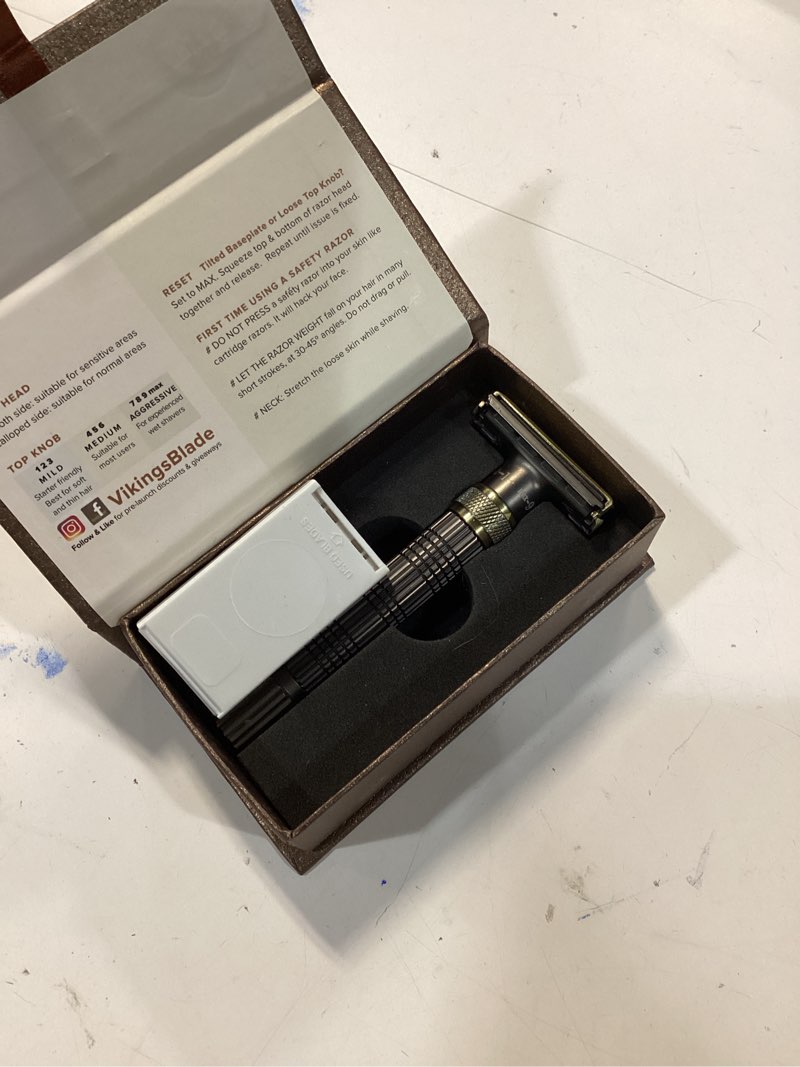 Condition photo showing New/Like New for VIKINGS BLADE Adjustable Double Edge Safety Razor + Luxury Case. Smooth, Reusable, Eco-Friendly (The Emperor “Augustus”) FAT, Brown Black (Emperor Augustus)