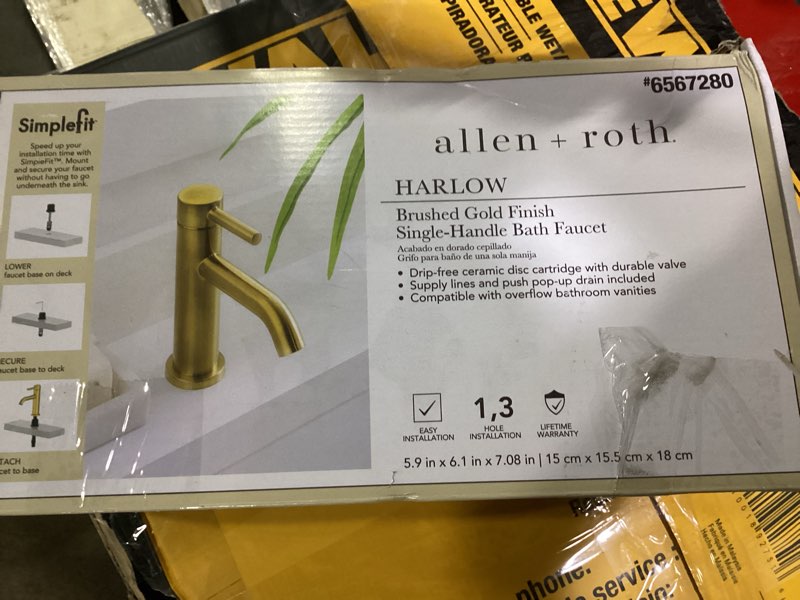 Condition photo showing As Is for 100+ bought last week allen + roth harlow simplefit brushed gold single hole 1-handle watersense mid-arc residential