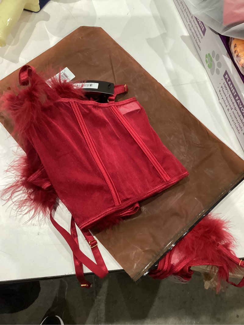 Forplay Women's Bare It All Mesh Marabou Bra and Garter Belt Lingerie Set, Wine, Medium