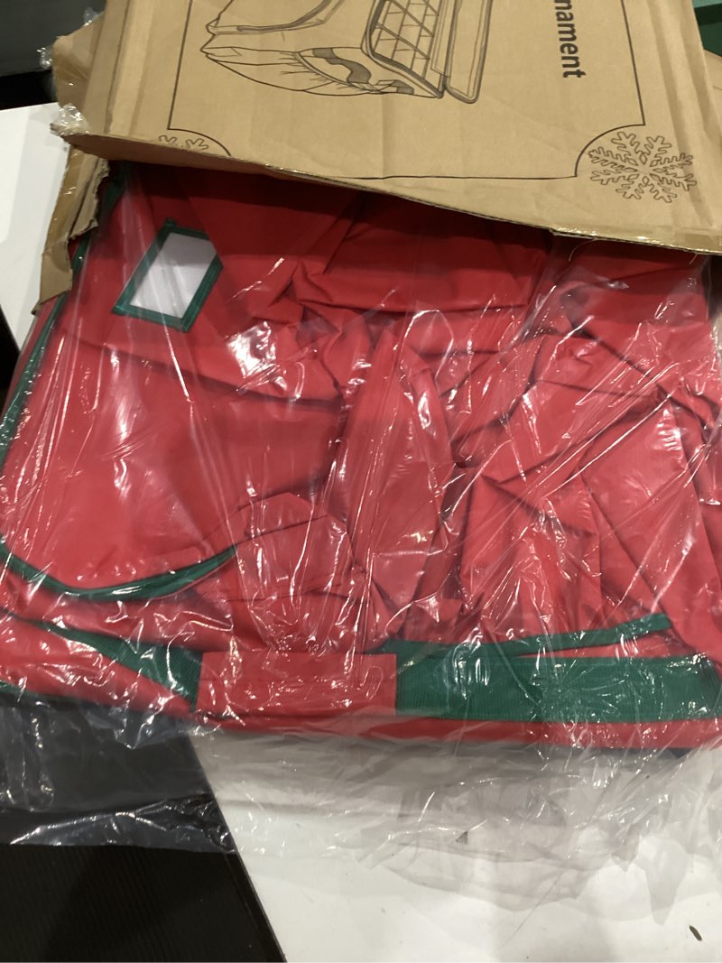 Condition photo showing Good Condition for ornament storage box, large christmas ornament storage box, stores 72 4'' ornaments , ornaments storage containers with 3 trays, durable and portable, 600d tear-proof material, extra pockets red