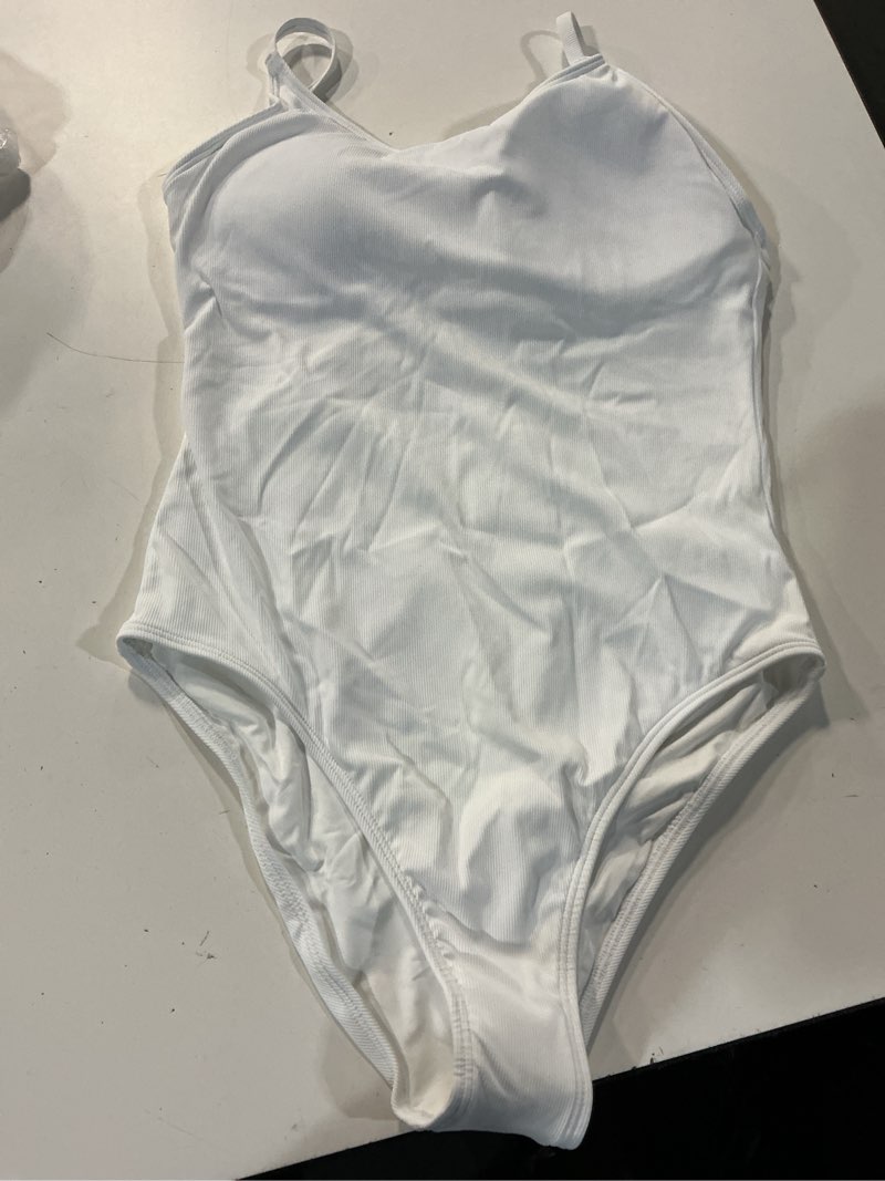 Condition photo showing As Is for italian cami ribbed one-piece swimsuit, l, white