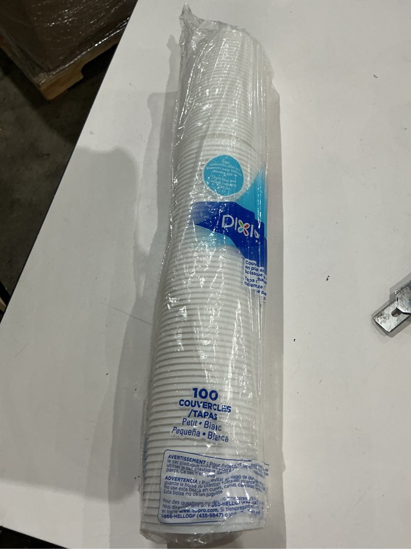 Condition photo showing As Is for ecoquality 100-pack white flat lids for disposable paper coffee cups, universal size for 10, 12, 16, 20 oz, bpa free, snap closure, plastic material, white