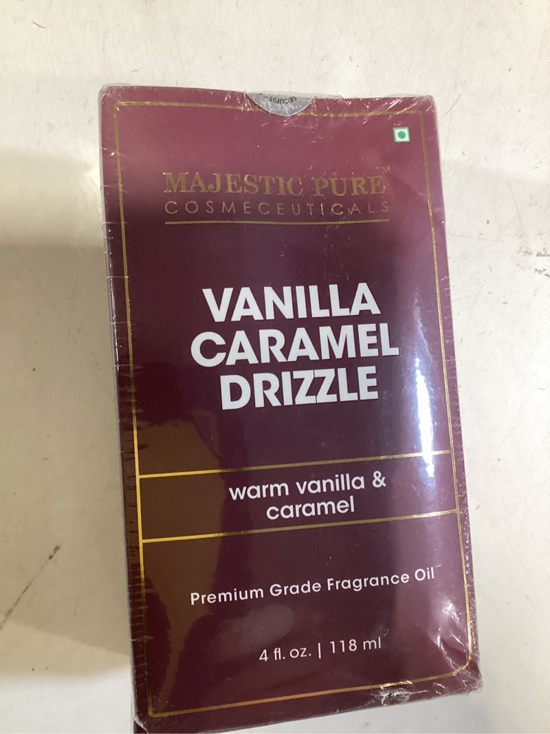 Condition photo showing New/Like New for majestic pure vanilla caramel drizzle premium oil | vanilla & caramel flavour | premium grade fragrance oil used in diffusers, diy, self care | 4 fl oz vanilla caramel 4 fl oz (pack of 1)