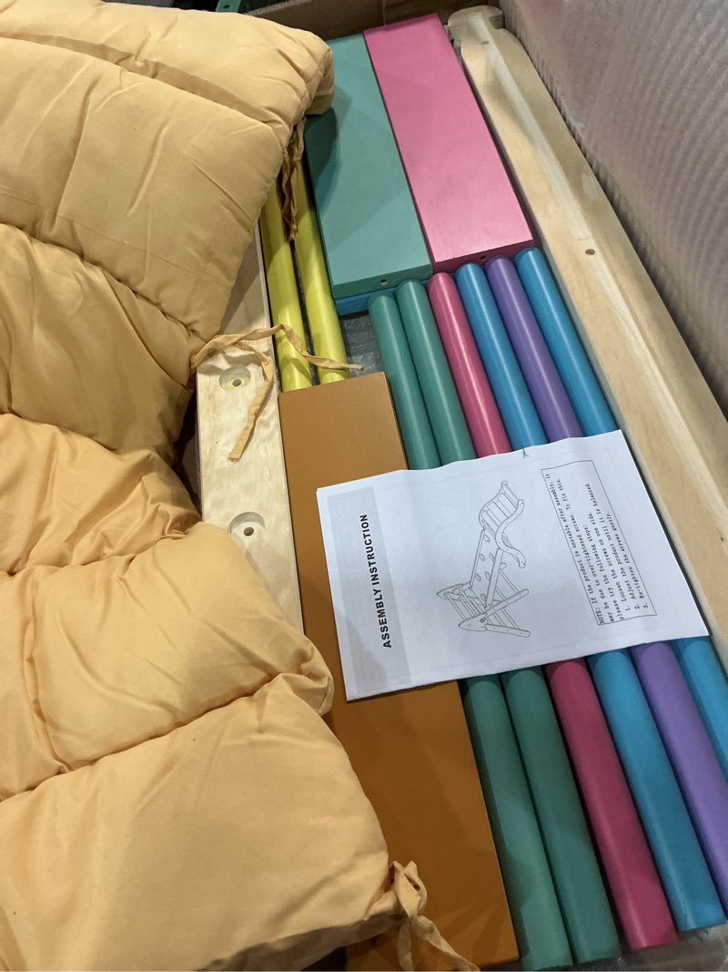 Condition photo showing Good Condition for pikler triangle set with cushion, 9-in-1 kids climbing toys for toddlers 1-3 inside, montessori toddler climbing toys indoor, large wooden pikler triangle climbing set baby playground for children rainbow rocket set