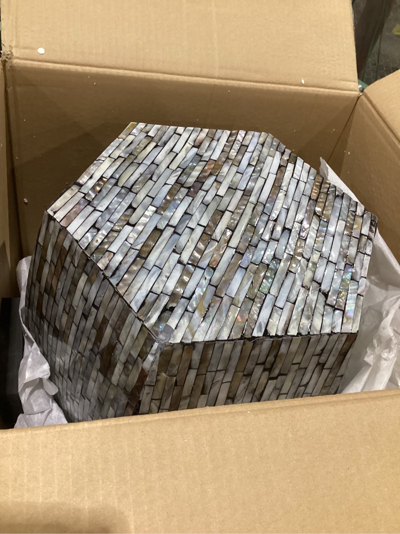 Condition photo showing Good Condition for Deco 79 Mother of Pearl Shell Handmade Side End Accent Table Shell Mosaic Hexagon End Table with Brown Accents, Side Table 16" x 16" x 16", Gray