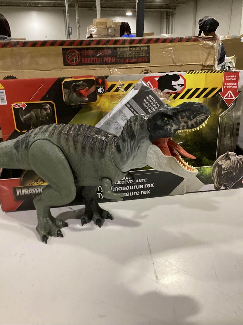 Condition photo showing Good Condition for mattel jurassic world rebirth power devour tyrannosaurus rex dinosaur figure with tongue activated constant chomp, lights & sounds, digital play