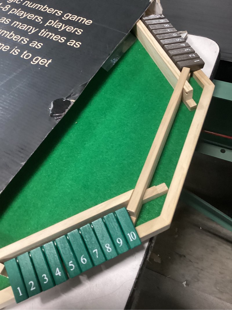 Condition photo showing As Is for Vamslove Upgraded 2-8 Players Shut The Box Dice Game-Colorful 8-Way Wooden Board Table Math Game with 16 +6 Dices - Close The Box for Kids, Adults Families Party Club (Instruction Included)