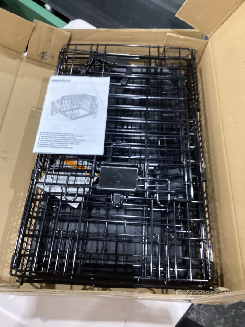 Condition photo showing New/Like New for amazon basics portable, foldable metal wire dog crate with removable tray, double door, divider panel, easy to assemble, 22 x 13 x 16 in, black 22.0"l x 13.0"w x 16.0"h double door w/ divider