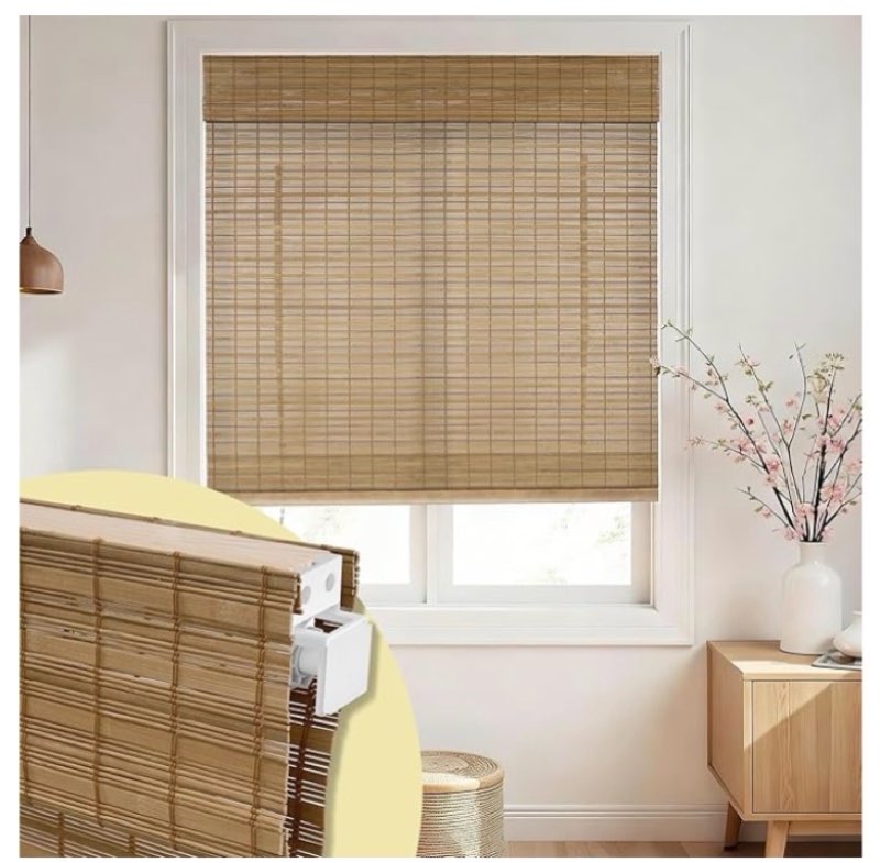 no drill no tools bamboo roman shades, cordless light filtering window blinds with valance, natural woven wood shades for living room dining room, brown, 22" w x 64" h