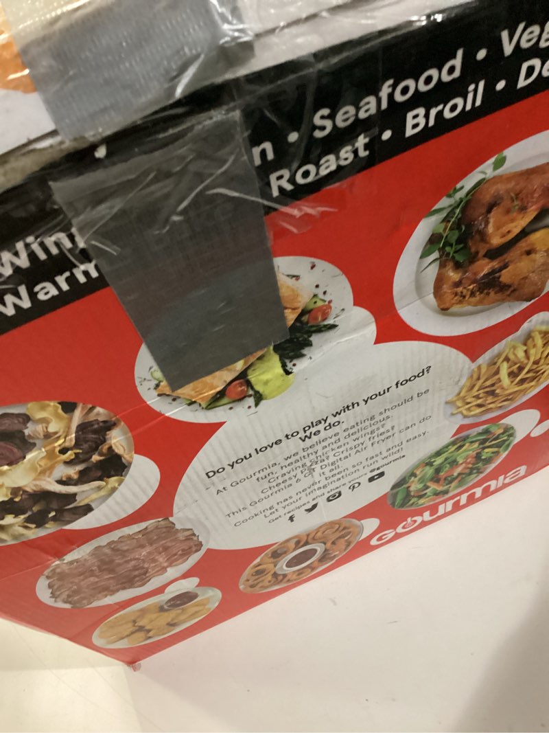 Condition photo showing As Is for brokengourmia air fryer - 6 qt large capacity, fryforce 360º, digital display with 12 presets, roast, bake, broil, dehydrate, dishwasher safe accessories, black 6 quart black