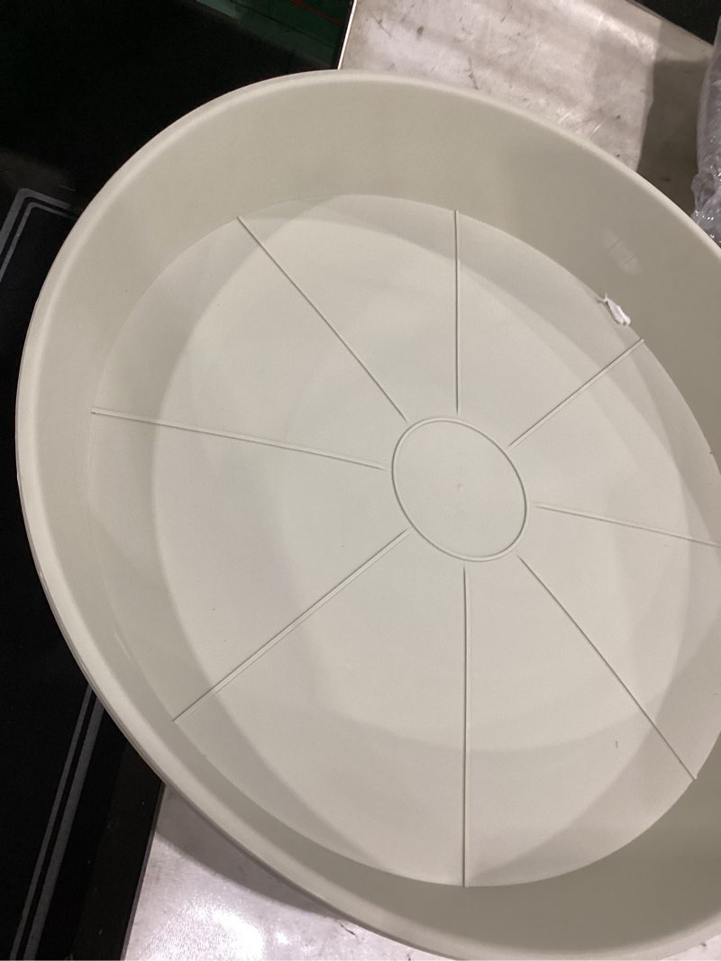 Condition photo showing Good Condition for 3 pack of 25 26 inch plant saucer (22.7 inch base), 4.2" depth, large deep plastic flower planter water trays for indoors outdoor bath bath, plant drip trays for pot (26", beige) 26" (3 pack) beige