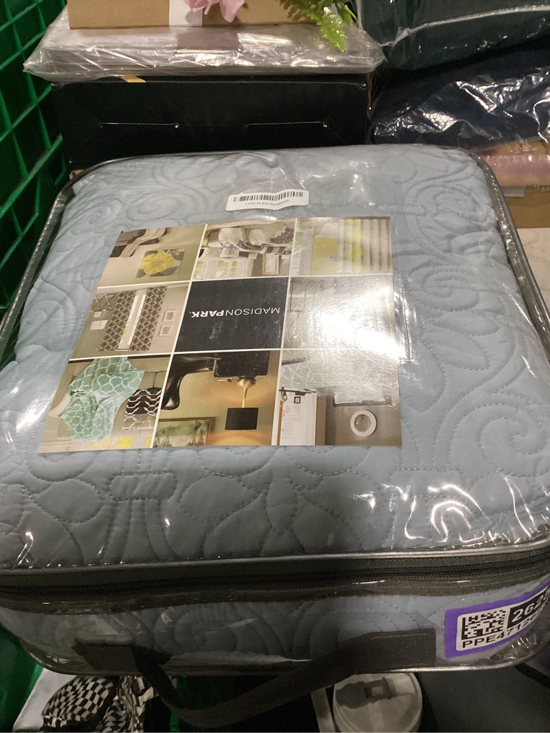 Condition photo showing New/Like New for madison park quebec 3-piece quilted king coverlet set - dusty pale blue, floral pattern - king/cal king bed - ideal for warm climate room decor or extra warmth blue king/cal king