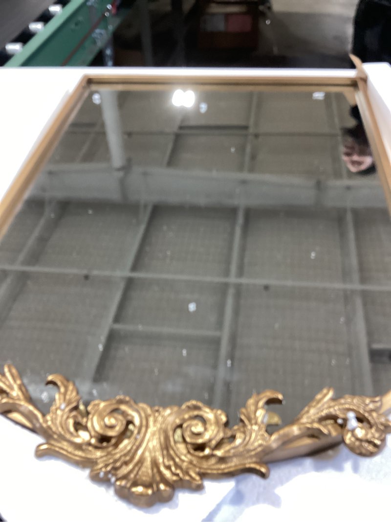 Condition photo showing Good Condition for gold traditional vintage ornate baroque mirror,gold brass mirror for wall,victorian antique bronze mirrors arched for bathroom/living room/hallway/fireplace 19"x27" retro gold 27"l x 19"w