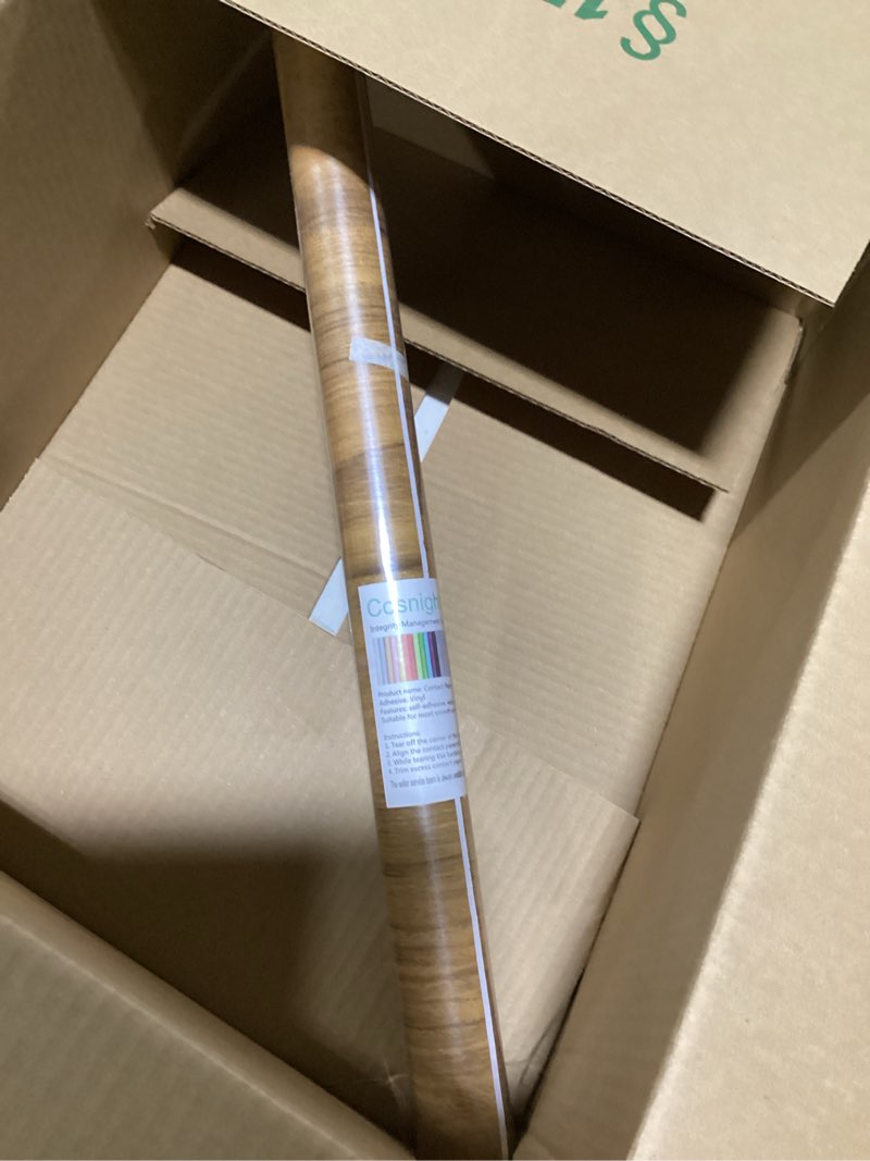 Condition photo showing As Is for cosnight wood grain contact paper, vintage peel and stick wallpaper 23.6''x118'', removable natural matte wall paper for countertops, cabinets and drawers 23.6" x 118" dark brown