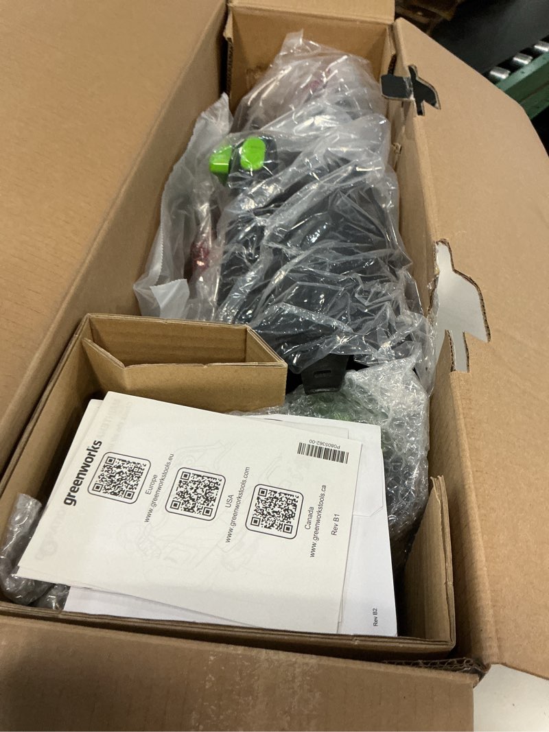 Condition photo showing As Is for greenworks 80v (770 cfm/190 mph) brushless cordless leaf blower, commercial-grade power for autumn leaf composting, spring pollen cleanup and post-snow debris, includes 4.0ah battery & rapid charger 80v (770 cfm), 4.0ah