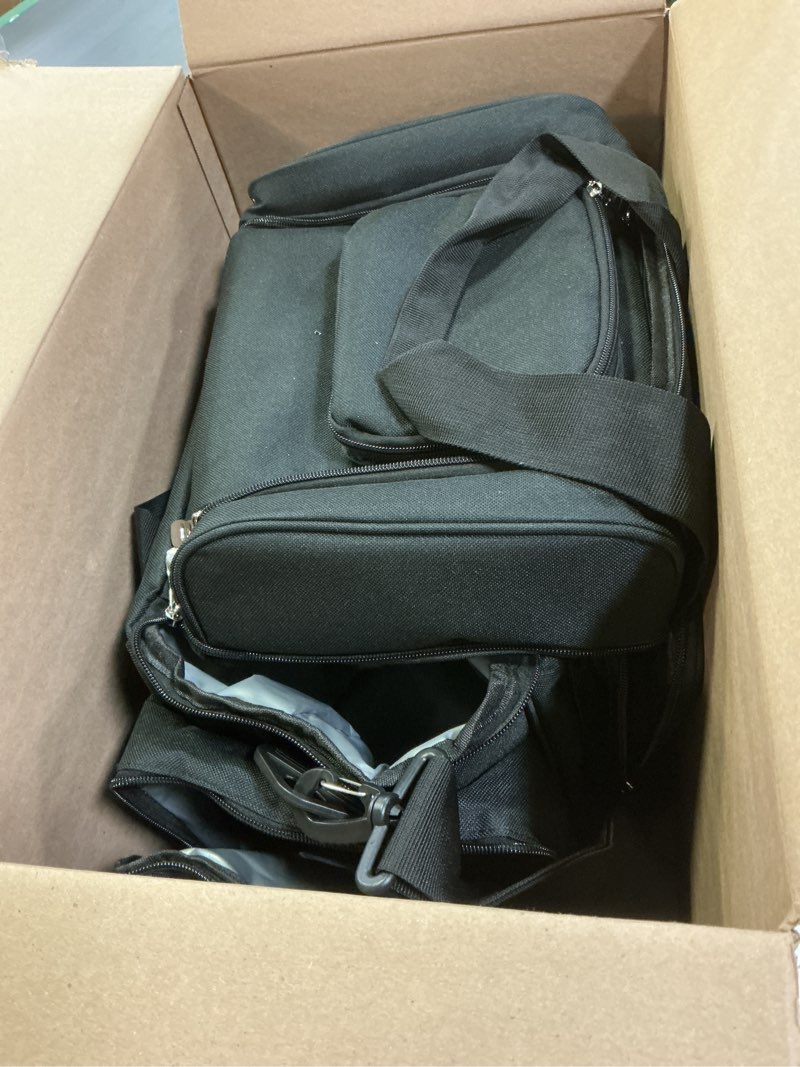 Condition photo showing Good Condition for Large Cooler Bag (15x12.5x9 in). Two Insulated Compartment, Heavy Duty Fabric, Thick Insulation, Reinforced Stiches, Multiple Pockets, Durable Zipper.