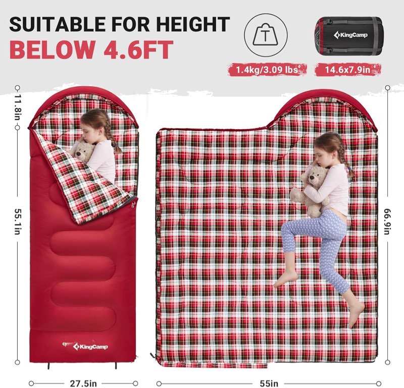 KingCamp 45°F Kids Sleeping Bag, Lightweight Waterproof & Compact Flannel Sleeping Bags Cold Weather