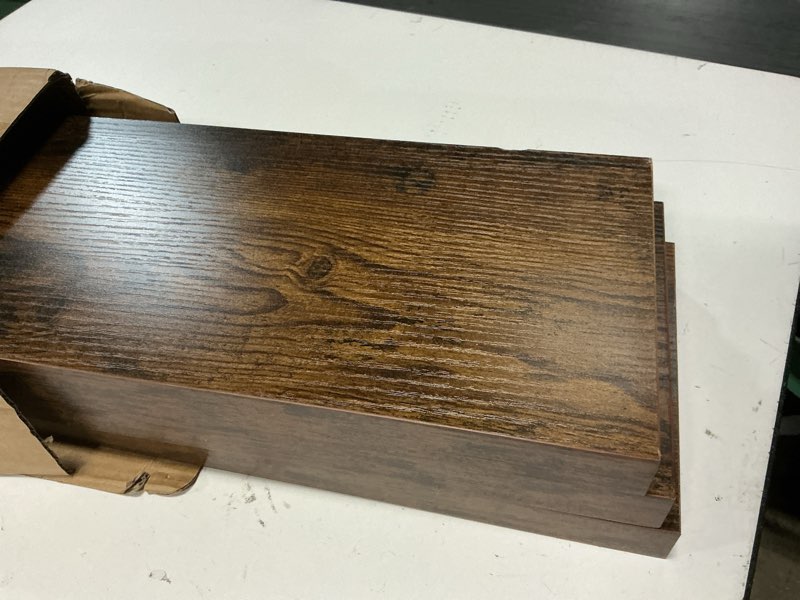 Condition photo showing Good Condition for bayka floating shelves for wall, 22.5 inch rustic wood wall mounted shelving for bathroom, bedroom, living room, kitchen & book, hanging display decor shelf with 22 lbs (rustic brown,set of 3) b. rustic brown - americana farmhouse style 3 22.5inches