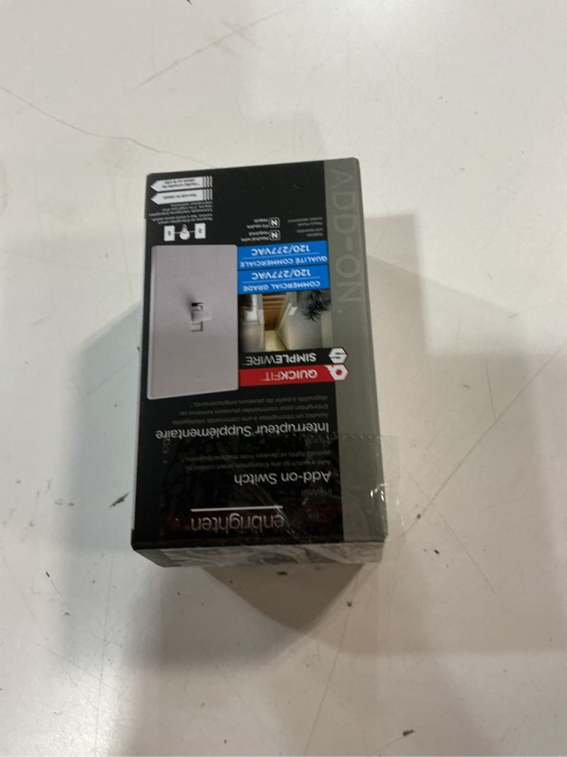 Condition photo showing New/Like New for enbrighten add-on in-wall smart quickfit & simplewire, toggle, wi-fi, z-wave, zigbee, not standalone, smart light control, 3 way, alexa, google assistant, 700 series, 59340