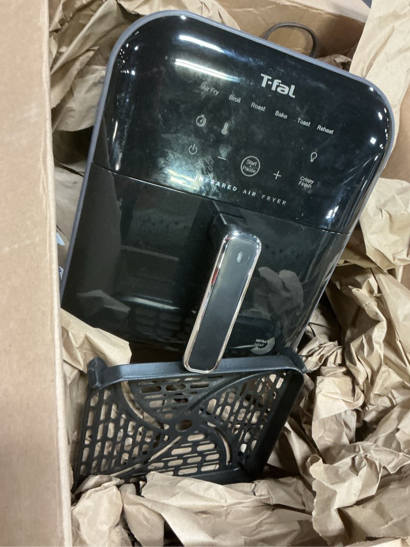 Condition photo showing As Is for t-fal 6.3 quart infrared air fryer, 7-in-1 cooking functions, digital touch screen, black