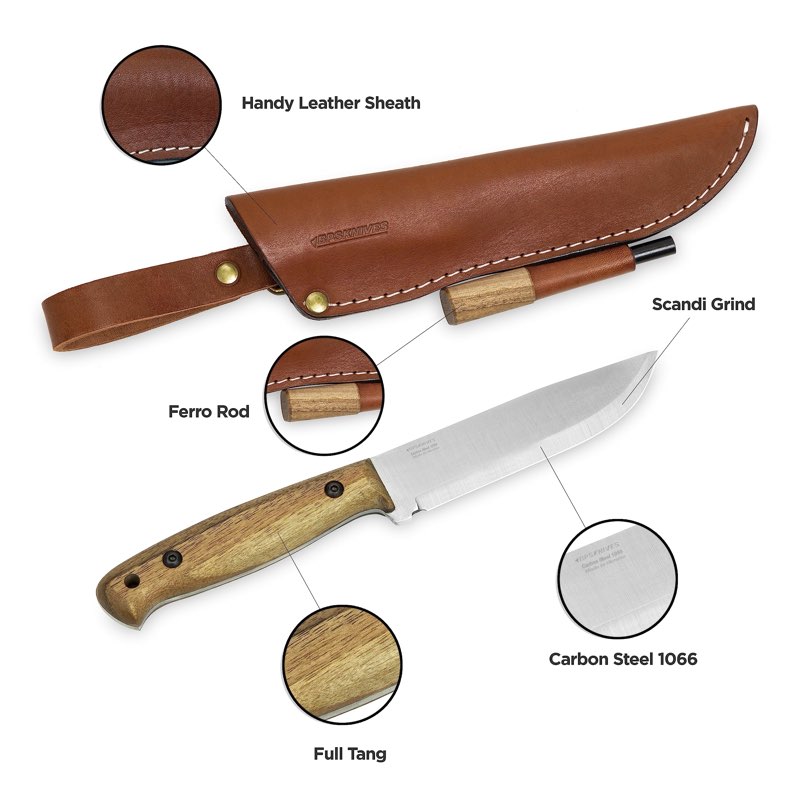 bpsknives adventurer - bushcraft knife - fixed-blade carbon steel knife with leather sheath and firestarter - outdoor full tang knives - camping knives - survival tactical camp knives