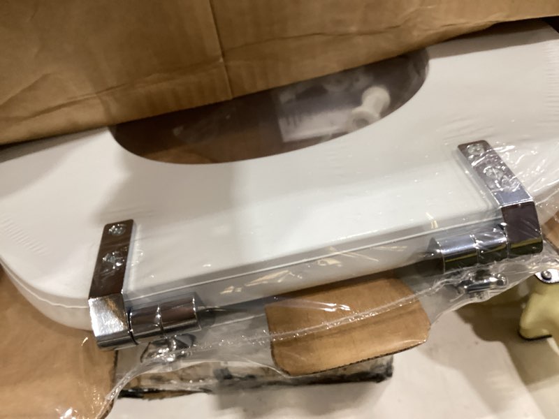 Condition photo showing New/Like New for mayfair padded toilet seat with chrome hinges, soft vinyl over wood core seat, made in usa, round, white
