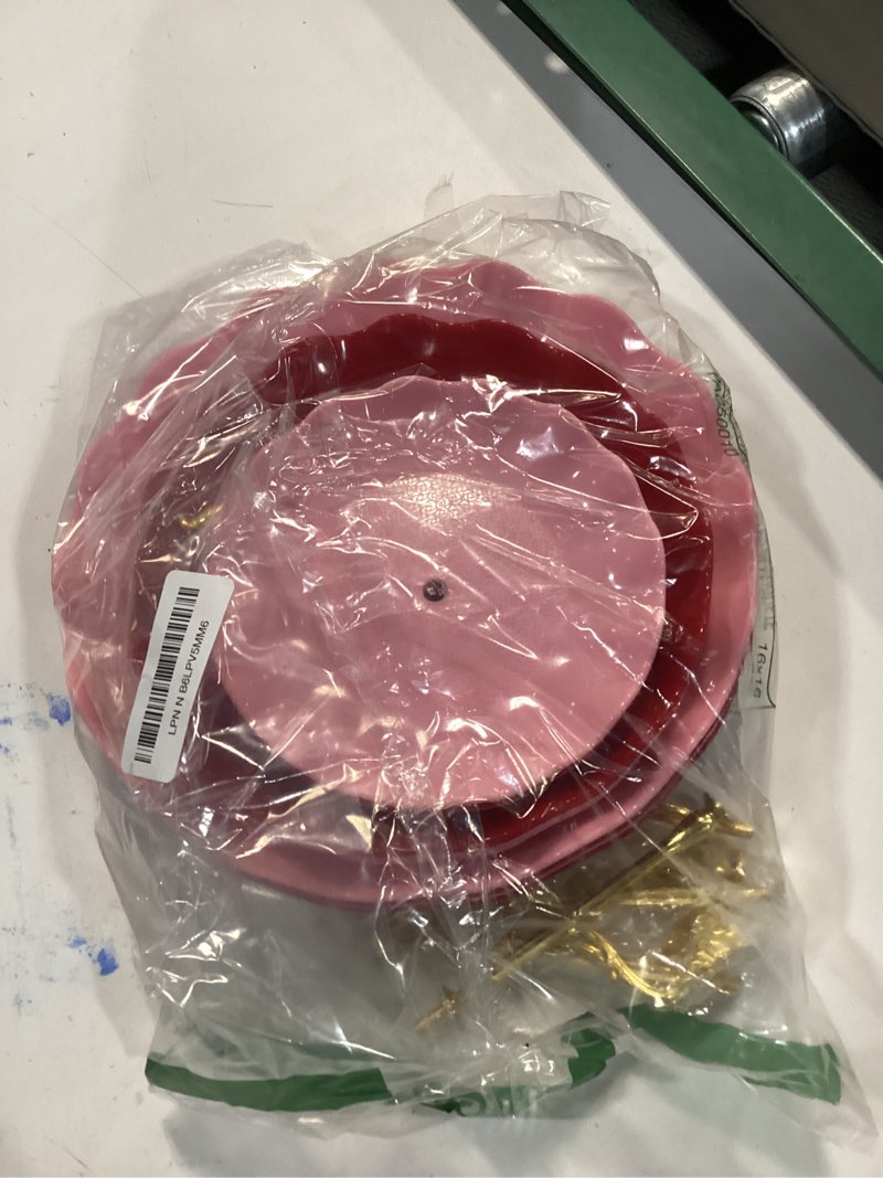 Condition photo showing As Is for DEAYOU 4 Pack 3 Tier Cupcake Stand, Plastic Dessert Stand Display Tower, Tiered Cake Stands Serving Trays with Gold Rod, Pastry Rack Holder Platter for Buffet, Party, Wedding, Home Decor, Pink, Red