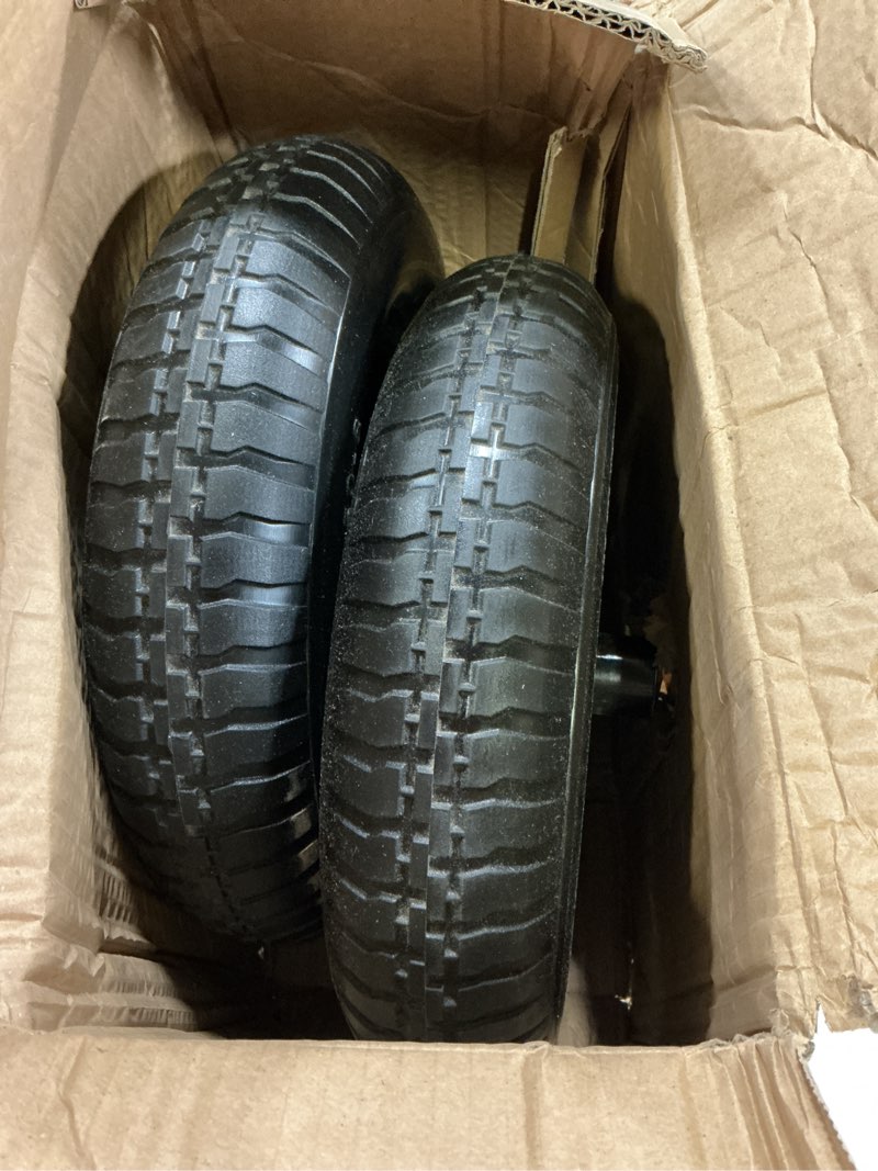 Condition photo showing Good Condition for taifa 14 inch 2 pcs solid flat free replacement tires and wheels 3.50-8 with 5/8'' bearing, air less wheel for wheelbarrow/wagon/hand truck/trolley/garden scooter etc. 14x350-8pu-knobby-2packs