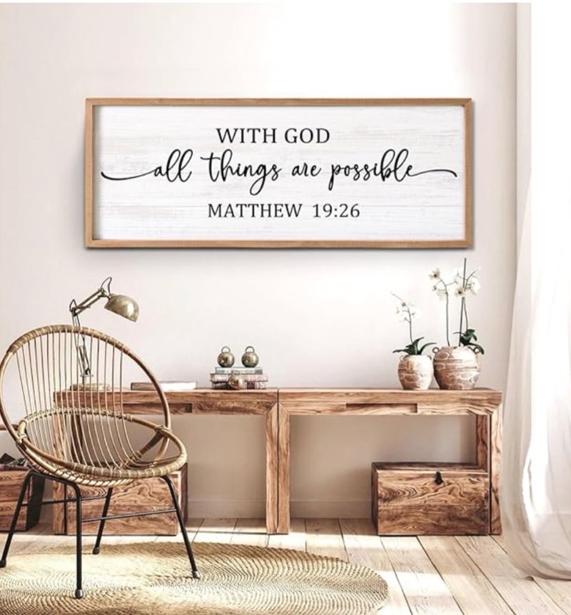 With God All Things are Possible Framed Wall Art, 40''×15'' Positive Religious Rustic Bible Verse for Christian God Jesus Christ Prayer, Vintage Horizontal Holy Inspirational Catholic Scripture Decor