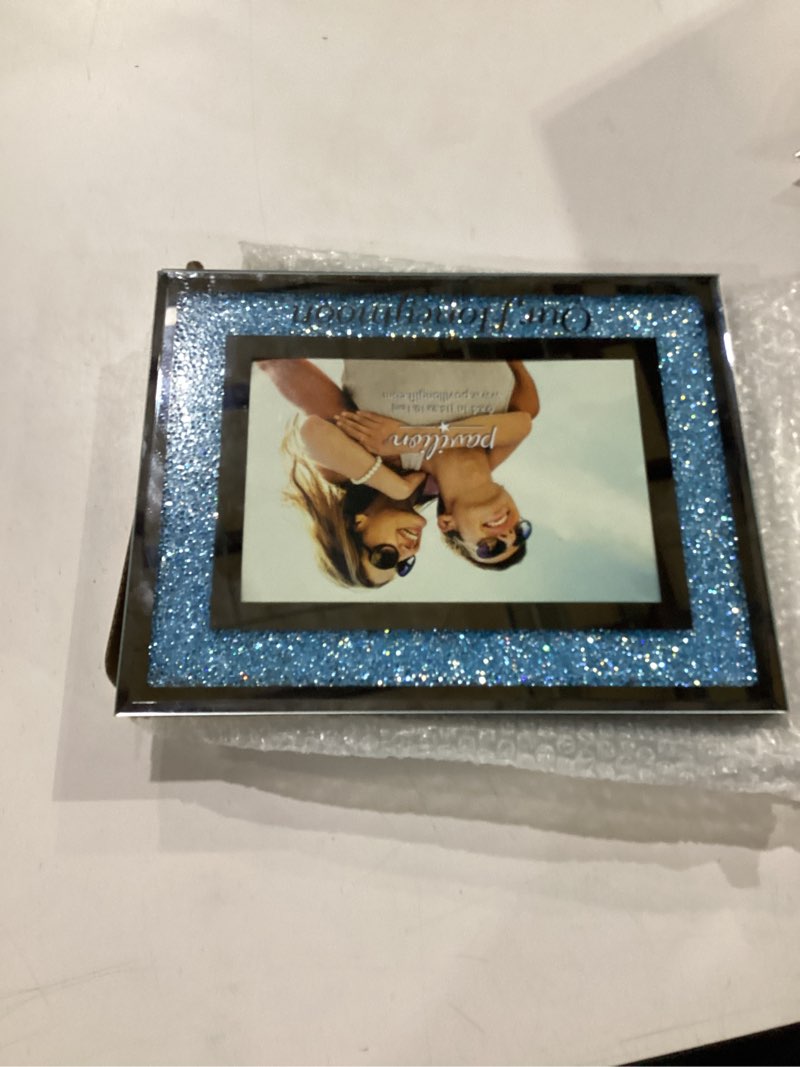 Condition photo showing Good Condition for pavilion gift company 85117 glorious occasions - our honeymoon blue crystal mirrored 4x6 picture frame,