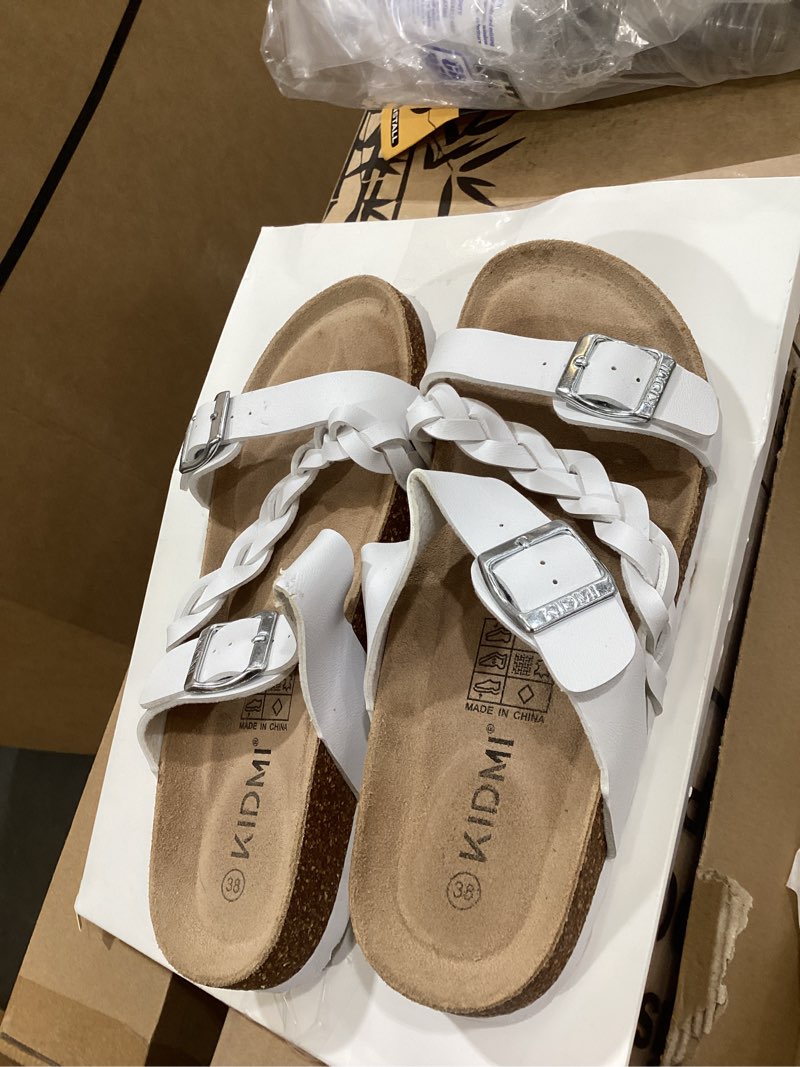 Condition photo showing Good Condition for kidmi braided cork footbed sandals for women slides with arch support | adjustable buckle sandals, comfortable slip on sandals for walking, beachside, travel & summer casual wear 7.5 white