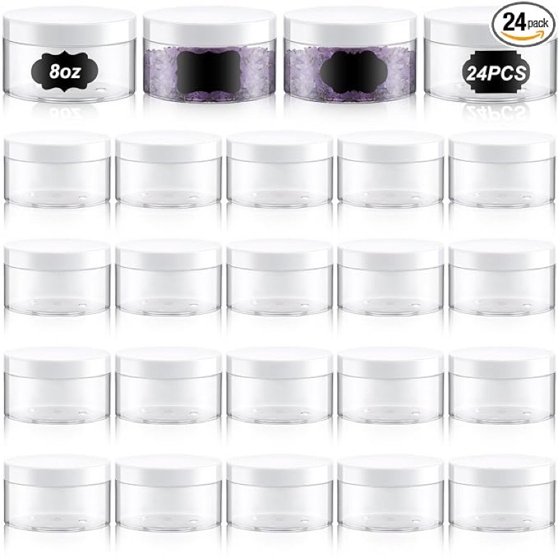 dandat 24 pcs 6/8/10/12oz plastic clear jar container with black lid and label refillable empty roun