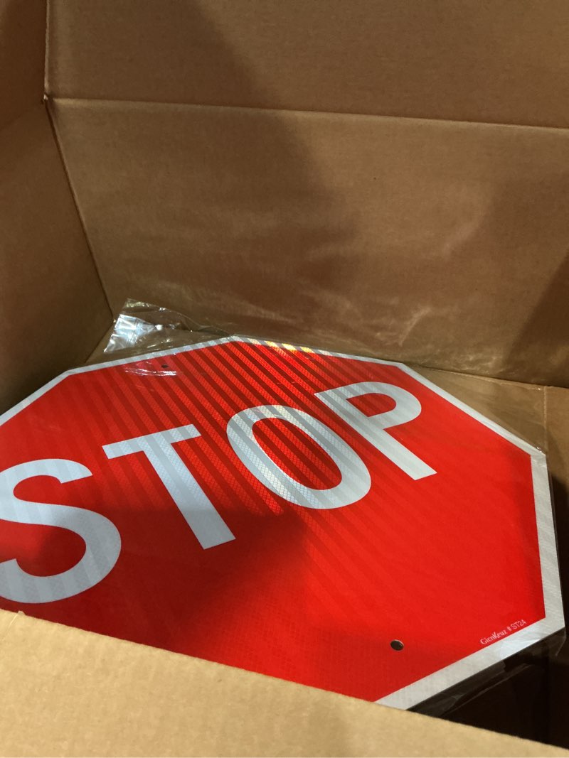 Condition photo showing Good Condition for GicnKeuz Stop Signs Traffic Signs 24 x 24 Inches, High Intensity - Engineer Grade Reflective Aluminum Sheeting, Rust Free Metal Stop Sign Street Road Sign, Weather Resistant, Waterproof, Fade Resistant, 2 Pre-drilled Holes (1-PACK) 24"×24" - 1 PACK