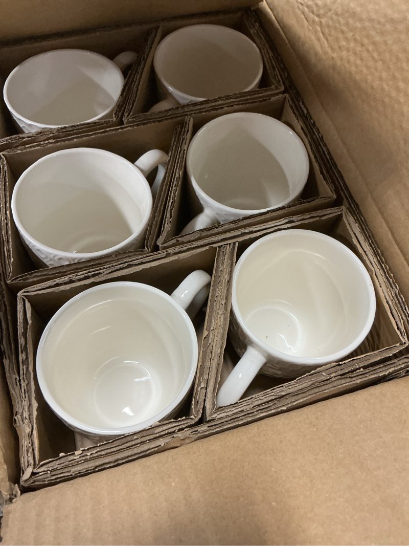 Condition photo showing New/Like New for schliersee 12 oz white ceramic coffee mugs set of 6, stylish embossed coffee cups set for coffee, tea, milk, cocoa, cereal white 12 oz