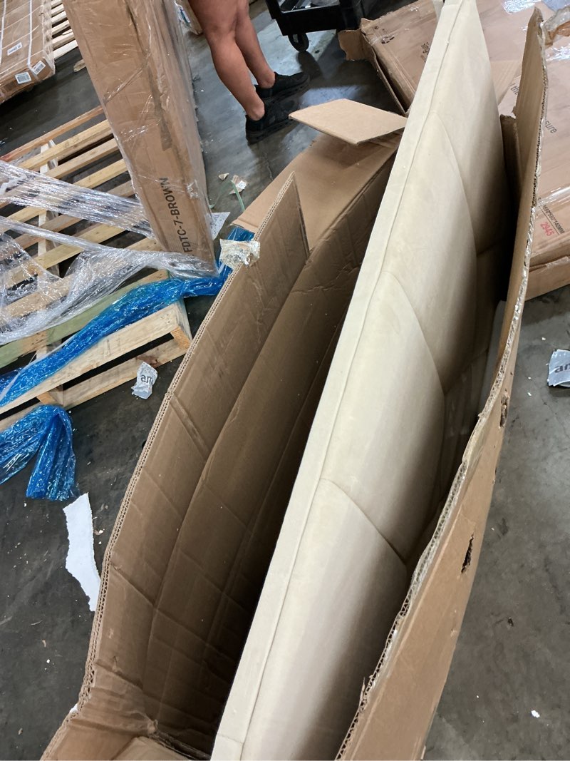 Condition photo showing As Is for king size bed frame with diamond tufted headboard, velvet upholstered, beige(incomplete)