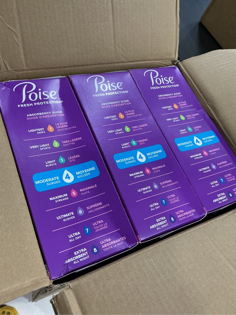 Condition photo showing New/Like New for poise ultra thin incontinence pads & postpartum pads for bladder leaks, 4 drop moderate absorbency, long length, 144 count, packaging may vary long length 144