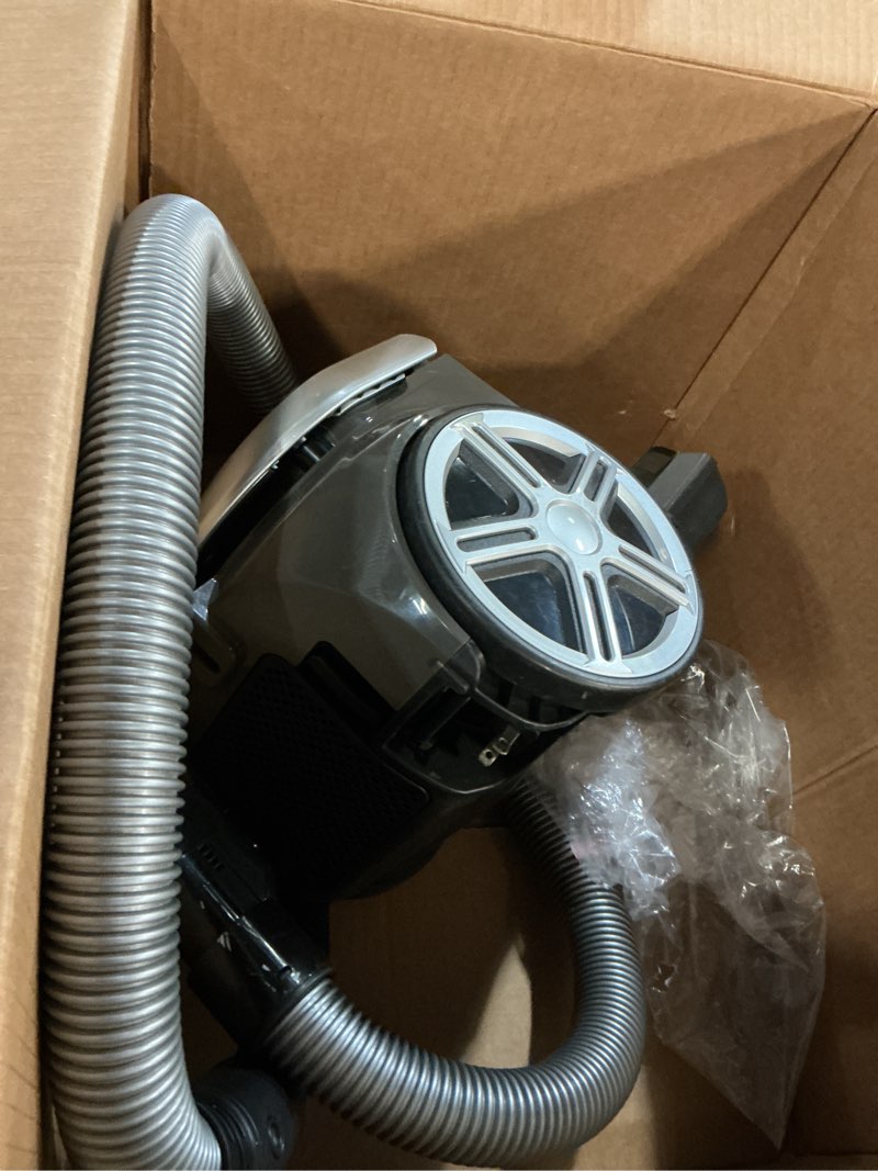 Condition photo showing As Is for eureka bagless canister vacuum cleaner, lightweight vac for carpets and hard floors, silver with black, nen180
