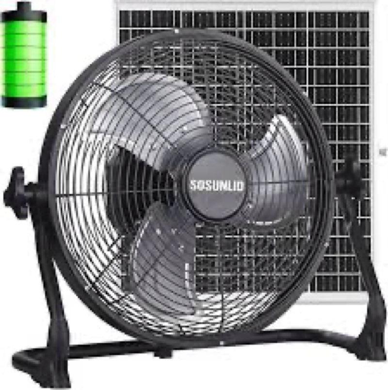SOSUNLID 12" Portable Battery Operated Fan with Solar Panel, Solar Powered Rechargeable Floor Fan, 1