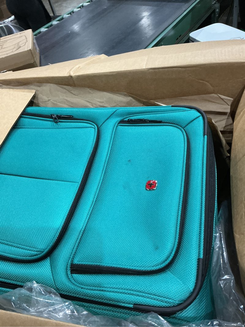 Condition photo showing As Is for swissgear sion softside expandable spinner luggage durable lightweight travel suitcase, teal, checked-large 29-inch checked-large 29-inch teal