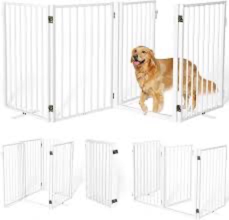 104" Extra Wide Dog Gate, Heavy Duty Metal Freestanding Dog Gate with Door for Indoor & Outdoor, Fol