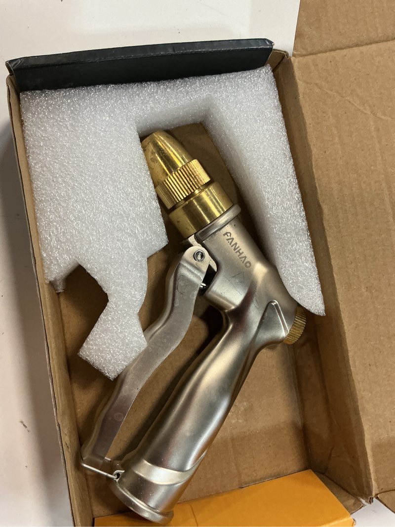 Condition photo showing Good Condition for fanhao garden hose nozzle with brass tip, 100% heavy duty metal spray nozzle high pressure water nozzle with adjustable spray patterns for watering plants, washing cars and showering pets silver