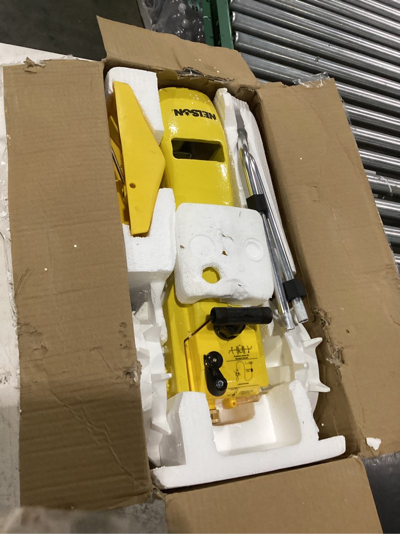 Condition photo showing As Is for **missing parts **nelson rain train 13,500 square feet cast iron outdoor lawn traveling water sprinkler for yard, and garden, with auto shut off, yellow