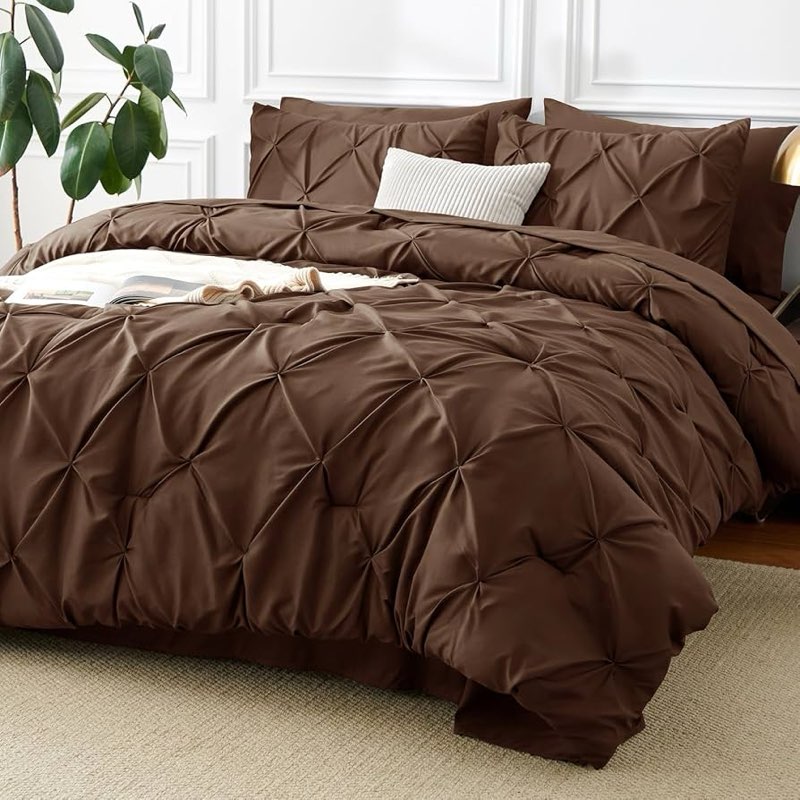 CozyLux Queen Comforter Set Brown, 7 Pieces Pintuck Bed in A Bag, Premium Brown Comforter Queen Size