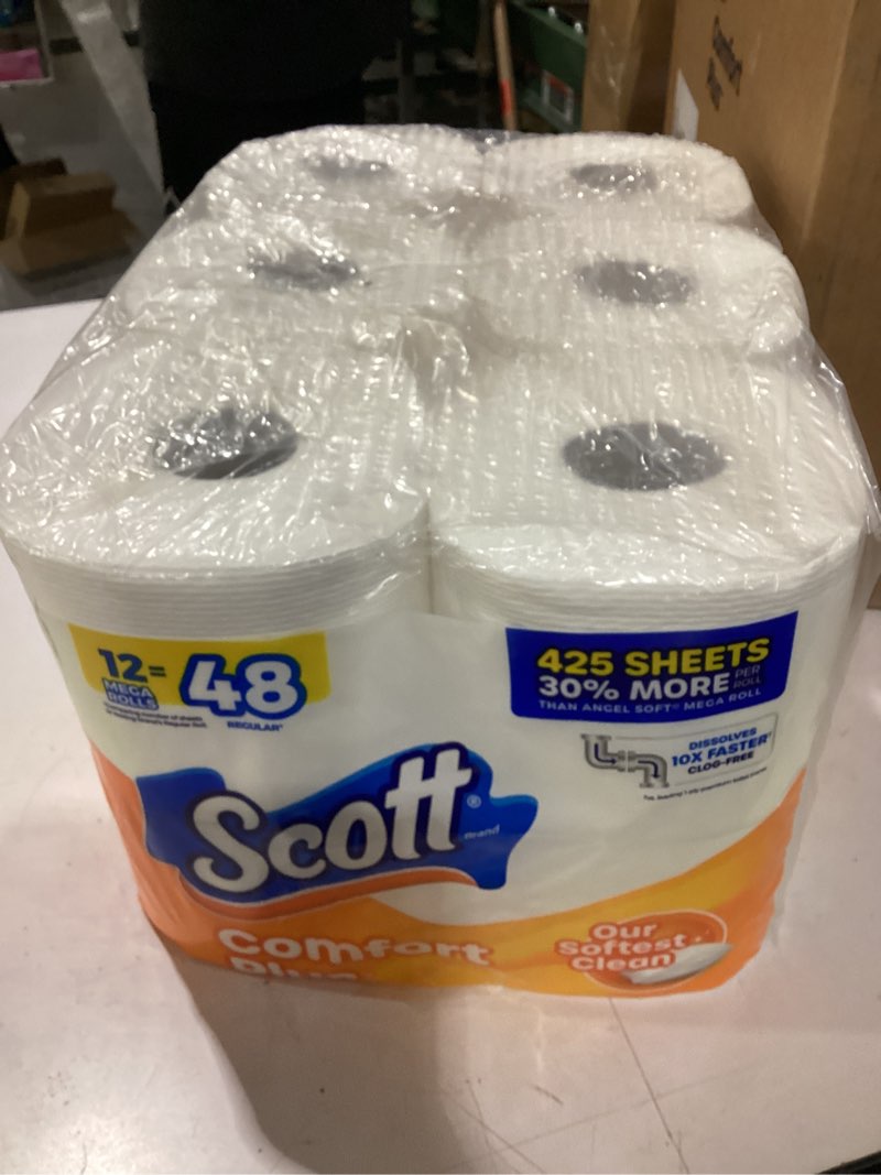 Condition photo showing New/Like New for scott comfortplus toilet paper, 12 mega rolls, 425 sheets per roll, septic-safe, 1-ply toilet tissue