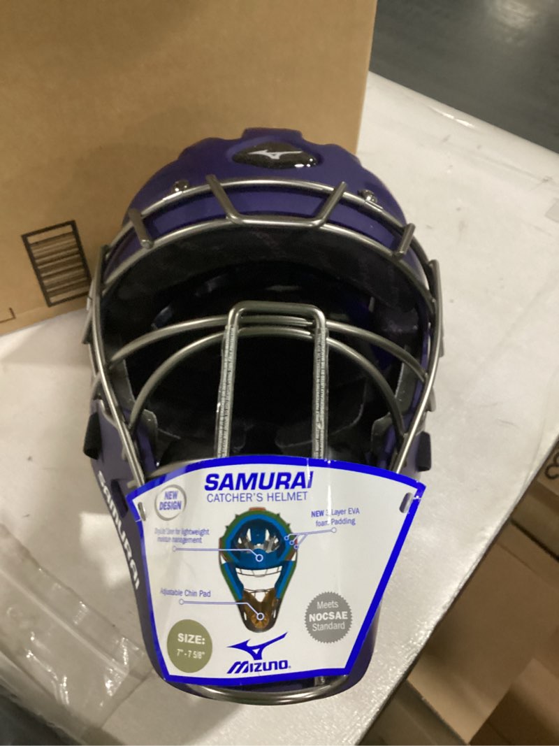 Condition photo showing As Is for Mizuno G4 Samurai Catcher's Helmet Purple One Size