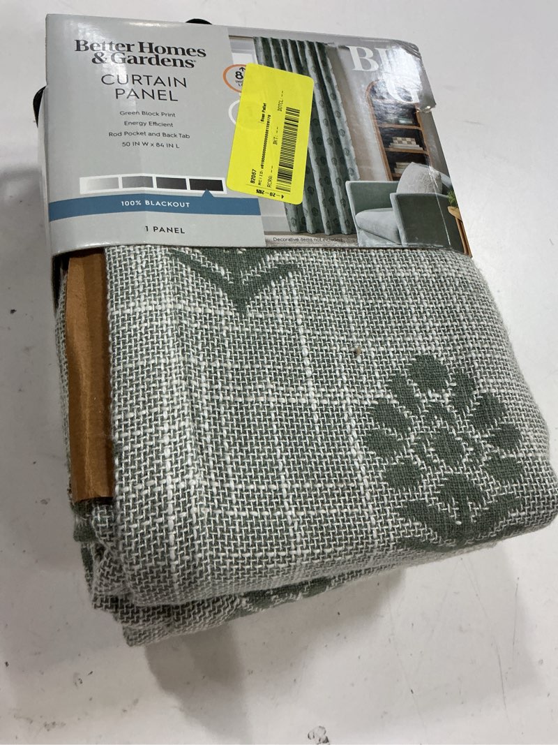 Condition photo showing New/Like New for better homes & gardens floral block print blackout single curtain panel, green, 50"w x 84"l