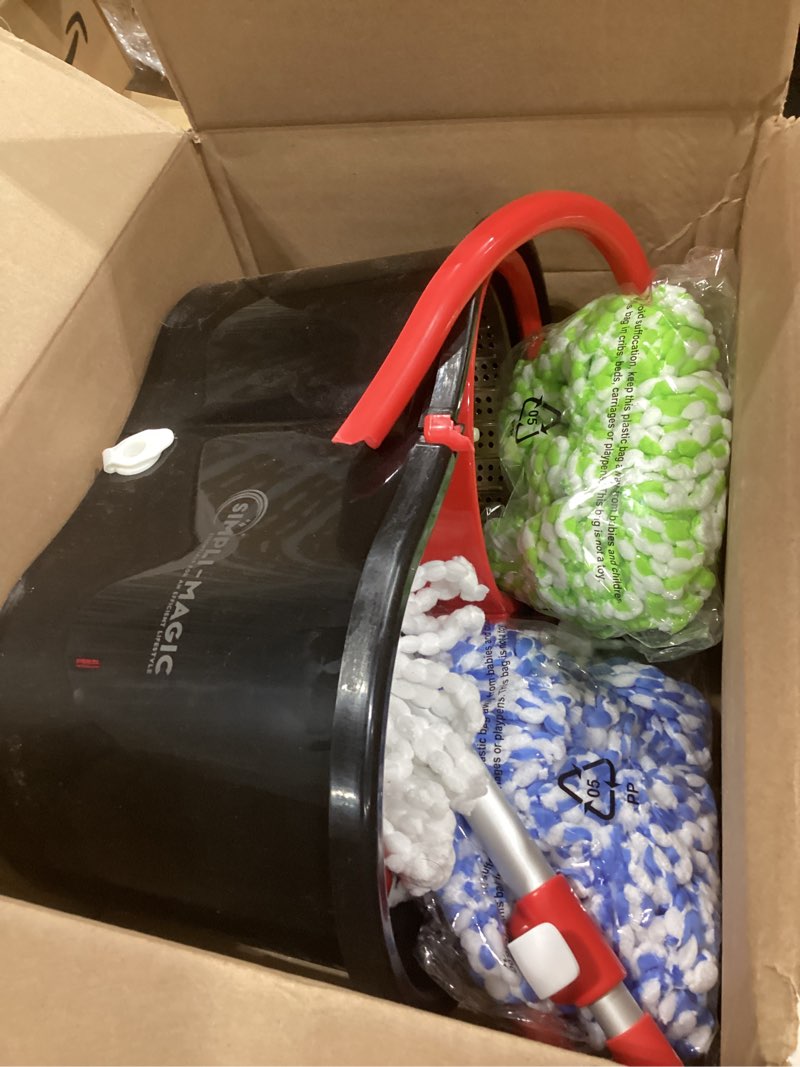 Condition photo showing As Is for simpli-magic 79349 spin mop cleaning system with 3 microfiber mop heads, red/gray,red/black 2023 model red/black