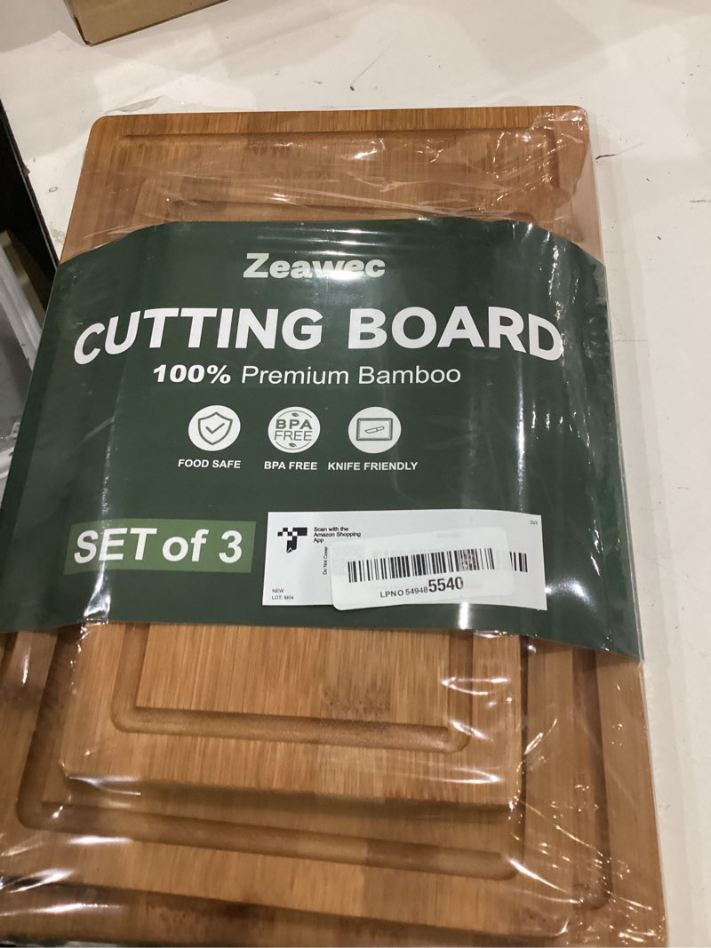 Condition photo showing Good Condition for 3-piece set bamboo cutting board for kitchen - crack-resistant wood chopping boards with deep juice grooves, pre-oiled butcher block for meat, vegetables & cheese, carbonized carbonized 3-piece